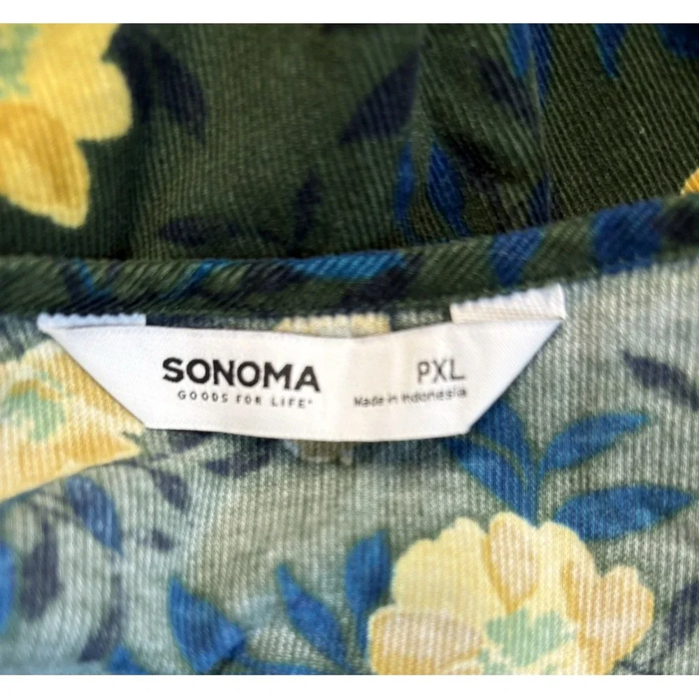 Sonoma Womens PXL Corduroy Tunic Top Floral Yellow Green V Neck Puff Sleeve Boho